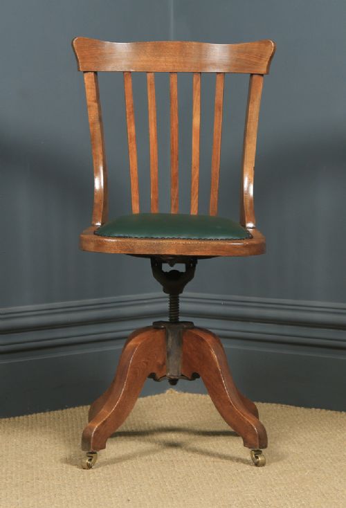 fig 1. Antique English Edwardian Beech & Green Leather Revolving Office Desk Side Chair (Circa 1910)