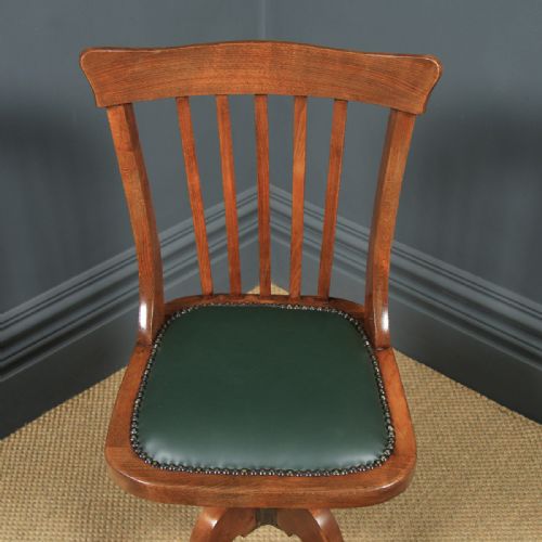 fig 2. Antique English Edwardian Beech & Green Leather Revolving Office Desk Side Chair (Circa 1910)