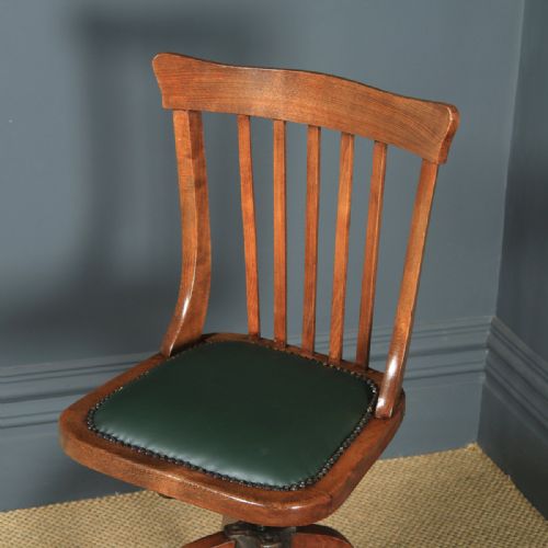 fig 4. Antique English Edwardian Beech & Green Leather Revolving Office Desk Side Chair (Circa 1910)