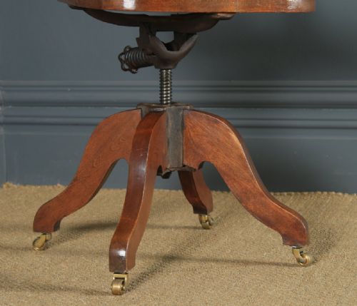 fig 7. Antique English Edwardian Beech & Green Leather Revolving Office Desk Side Chair (Circa 1910)