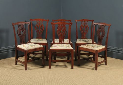 Antique English Set of Six 6 Georgian Mahogany & Tapestry Dining Chairs (Circa 1790)