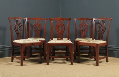 fig 1. Antique English Set of Six 6 Georgian Mahogany & Tapestry Dining Chairs (Circa 1790)