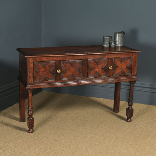 Antique English Victorian Jacobean Style Oak Geometric Dresser Base Sideboard (Circa 1870)