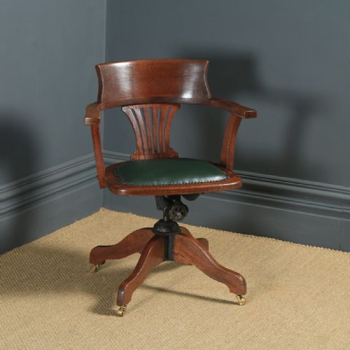 Antique English Edwardian Oak & Green Leather Revolving Office Desk Arm Chair (Circa 1910)