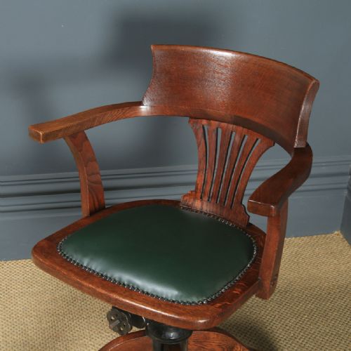 fig 1. Antique English Edwardian Oak & Green Leather Revolving Office Desk Arm Chair (Circa 1910)