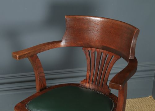 fig 2. Antique English Edwardian Oak & Green Leather Revolving Office Desk Arm Chair (Circa 1910)