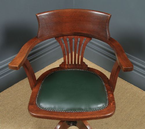 fig 3. Antique English Edwardian Oak & Green Leather Revolving Office Desk Arm Chair (Circa 1910)