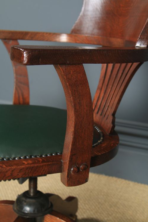 fig 5. Antique English Edwardian Oak & Green Leather Revolving Office Desk Arm Chair (Circa 1910)