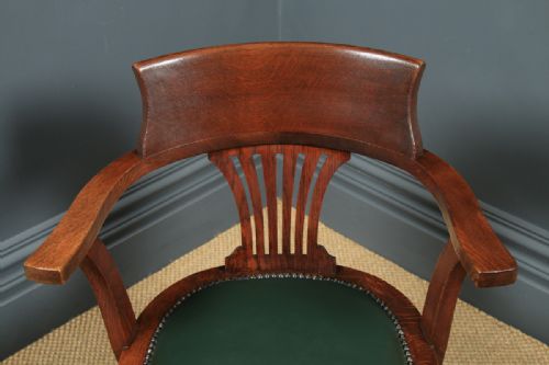 fig 6. Antique English Edwardian Oak & Green Leather Revolving Office Desk Arm Chair (Circa 1910)
