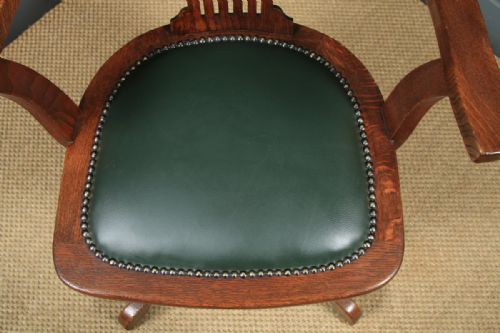 fig 7. Antique English Edwardian Oak & Green Leather Revolving Office Desk Arm Chair (Circa 1910)
