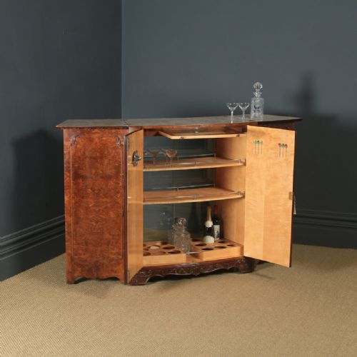 Antique English Art Deco Burr Walnut Folding Cocktail Bar Drinks Bow Front Cabinet (Circa 1930)