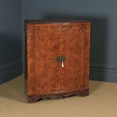fig 1. Antique English Art Deco Burr Walnut Folding Cocktail Bar Drinks Bow Front Cabinet (Circa 1930)