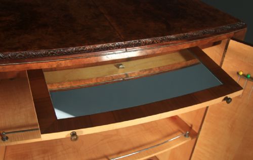 fig 7. Antique English Art Deco Burr Walnut Folding Cocktail Bar Drinks Bow Front Cabinet (Circa 1930)