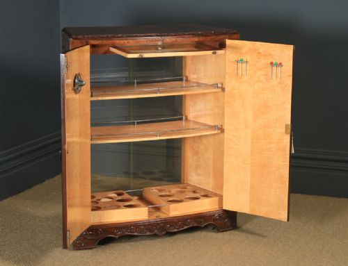 fig 6. Antique English Art Deco Burr Walnut Folding Cocktail Bar Drinks Bow Front Cabinet (Circa 1930)