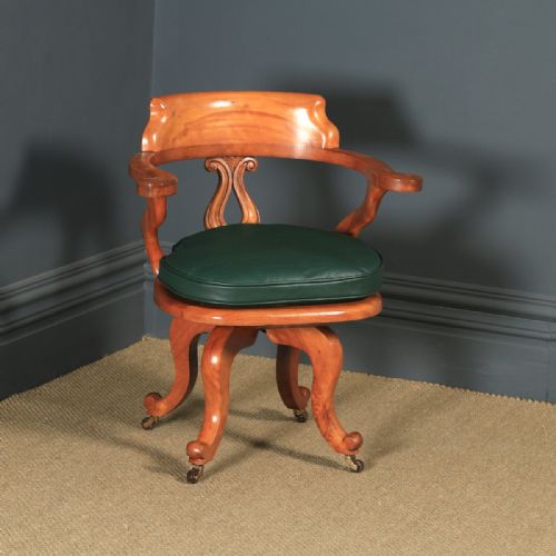 Antique English Victorian Birch & Green Leather Revolving Office Desk Arm Chair (Circa 1880)