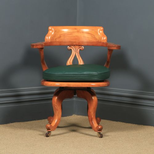 fig 1. Antique English Victorian Birch & Green Leather Revolving Office Desk Arm Chair (Circa 1880)