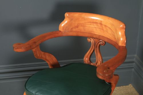 fig 3. Antique English Victorian Birch & Green Leather Revolving Office Desk Arm Chair (Circa 1880)