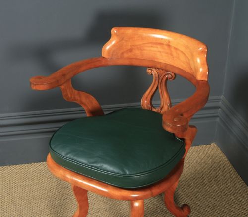 fig 2. Antique English Victorian Birch & Green Leather Revolving Office Desk Arm Chair (Circa 1880)