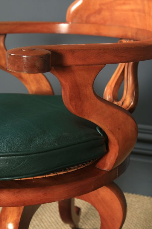 fig 5. Antique English Victorian Birch & Green Leather Revolving Office Desk Arm Chair (Circa 1880)