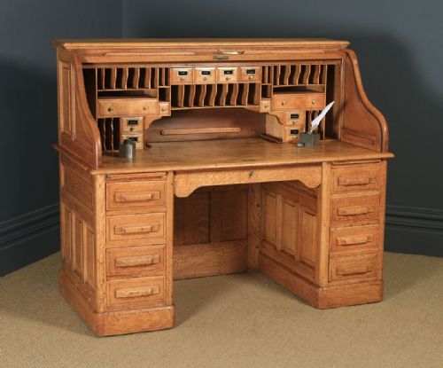 Large Antique English Edwardian 5ft Oak Roll Top Pedestal Office Writing Desk (Circa 1910)