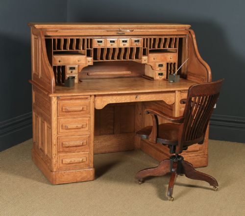 fig 1. Large Antique English Edwardian 5ft Oak Roll Top Pedestal Office Writing Desk (Circa 1910)