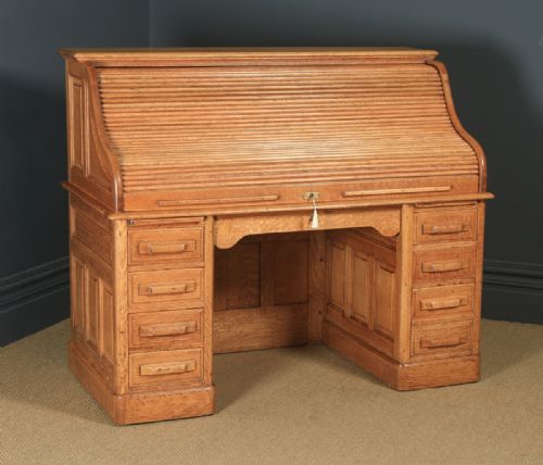 fig 2. Large Antique English Edwardian 5ft Oak Roll Top Pedestal Office Writing Desk (Circa 1910)