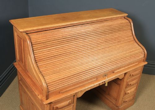 fig 3. Large Antique English Edwardian 5ft Oak Roll Top Pedestal Office Writing Desk (Circa 1910)