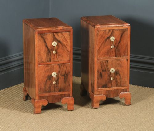 Antique Pair of English Art Deco Figured Walnut Bedside Chest Tables Nightstands (Circa 1930)