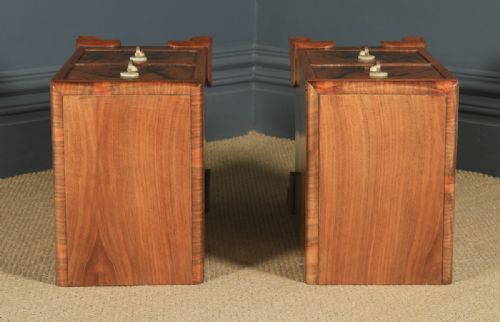 fig 1. Antique Pair of English Art Deco Figured Walnut Bedside Chest Tables Nightstands (Circa 1930)