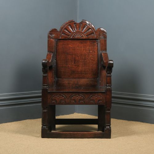 fig 1. Antique English 17th Century Solid Oak Joined Wainscot Hall Arm Chair (Circa 1680)