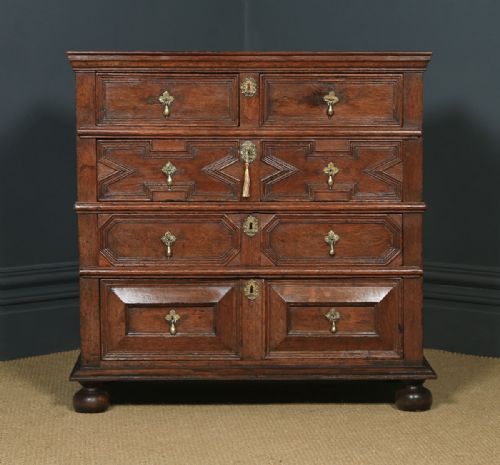 fig 1. Antique English 17th Century William & Mary Oak Geometric Two Part Chest of Drawers (Circa 1690)