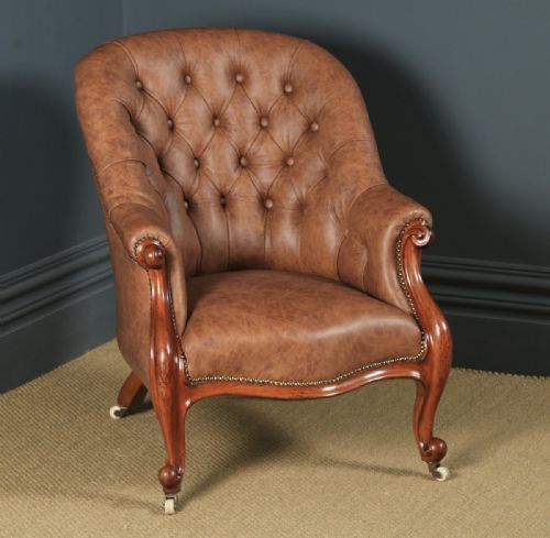 Antique English Victorian Mahogany & Brown Tan Brown Leather Deep Buttoned Reading Armchair (Circa 1850)