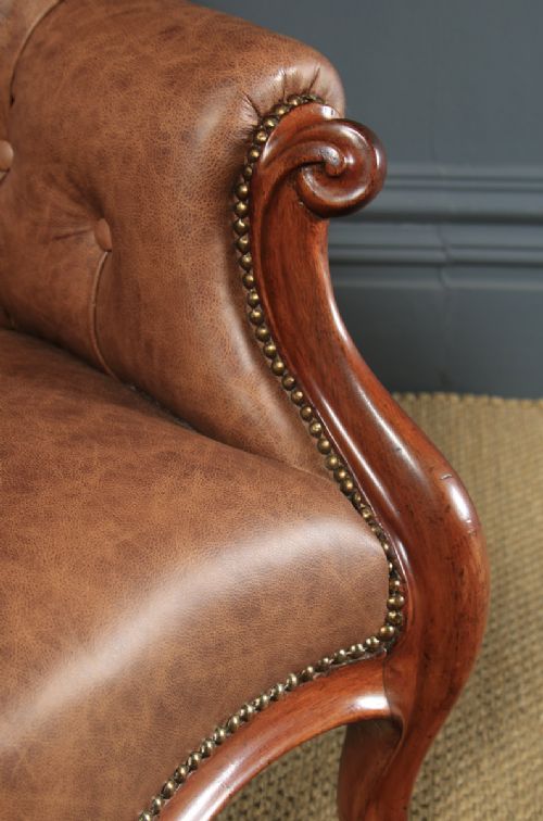 fig 6. Antique English Victorian Mahogany & Brown Tan Brown Leather Deep Buttoned Reading Armchair (Circa 1850)