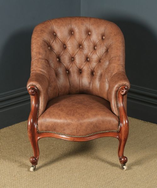 fig 1. Antique English Victorian Mahogany & Brown Tan Brown Leather Deep Buttoned Reading Armchair (Circa 1850)