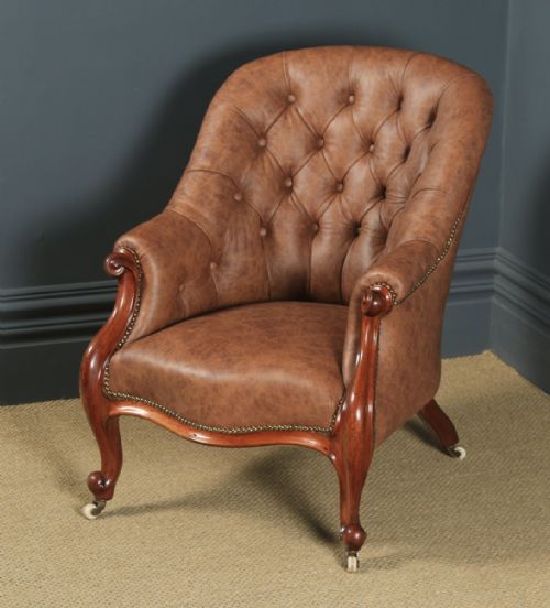 fig 2. Antique English Victorian Mahogany & Brown Tan Brown Leather Deep Buttoned Reading Armchair (Circa 1850)