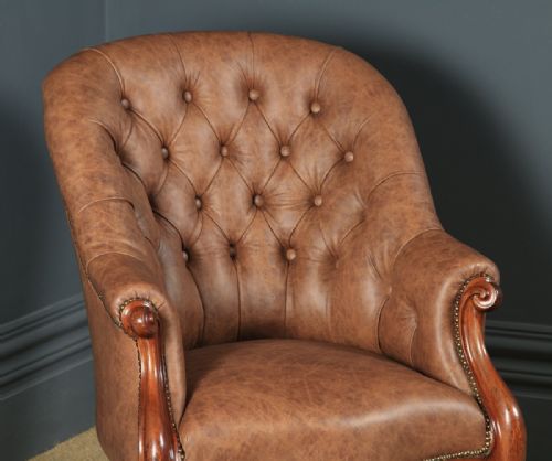 fig 3. Antique English Victorian Mahogany & Brown Tan Brown Leather Deep Buttoned Reading Armchair (Circa 1850)