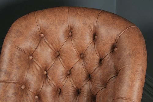 fig 4. Antique English Victorian Mahogany & Brown Tan Brown Leather Deep Buttoned Reading Armchair (Circa 1850)