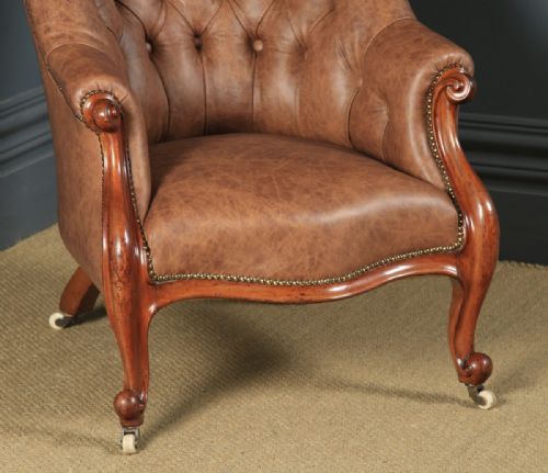 fig 5. Antique English Victorian Mahogany & Brown Tan Brown Leather Deep Buttoned Reading Armchair (Circa 1850)