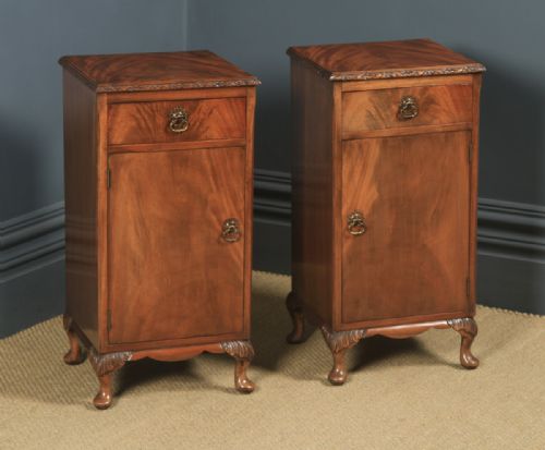 Antique Pair of English Queen Anne Style Flame Mahogany Bedside Cupboards Nightstands (Circa 1930)