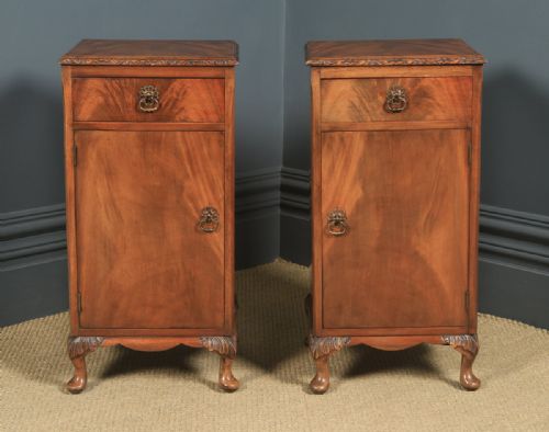 fig 1. Antique Pair of English Queen Anne Style Flame Mahogany Bedside Cupboards Nightstands (Circa 1930)