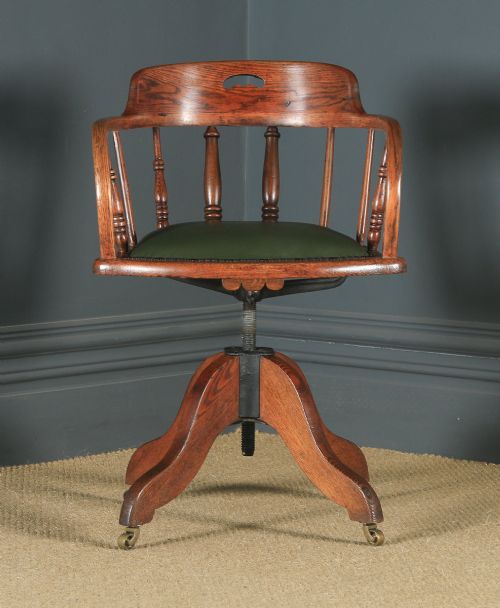 fig 1. Antique English Edwardian Solid Ash & Oak Green Leather Revolving Office Desk Arm Chair (Circa 1910)