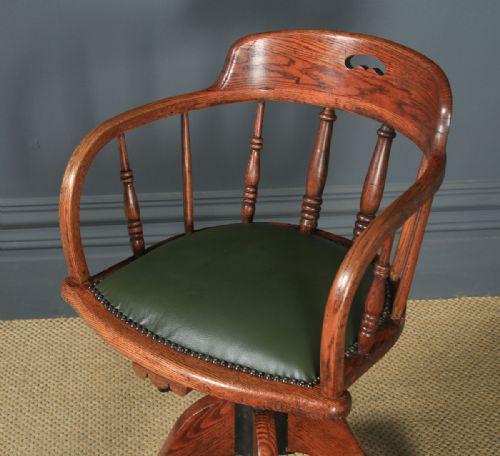 fig 2. Antique English Edwardian Solid Ash & Oak Green Leather Revolving Office Desk Arm Chair (Circa 1910)