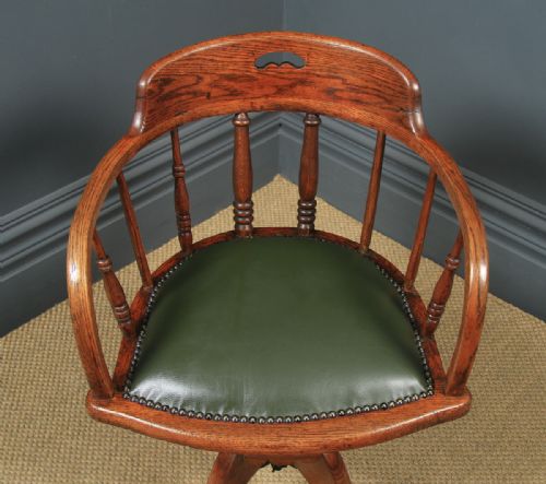 fig 3. Antique English Edwardian Solid Ash & Oak Green Leather Revolving Office Desk Arm Chair (Circa 1910)