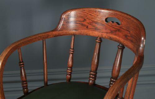 fig 4. Antique English Edwardian Solid Ash & Oak Green Leather Revolving Office Desk Arm Chair (Circa 1910)