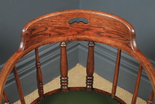 fig 5. Antique English Edwardian Solid Ash & Oak Green Leather Revolving Office Desk Arm Chair (Circa 1910)