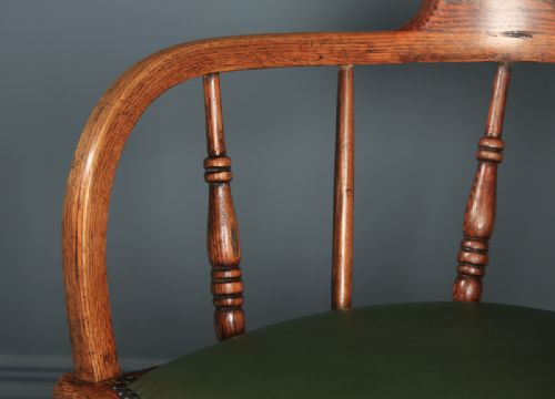 fig 6. Antique English Edwardian Solid Ash & Oak Green Leather Revolving Office Desk Arm Chair (Circa 1910)