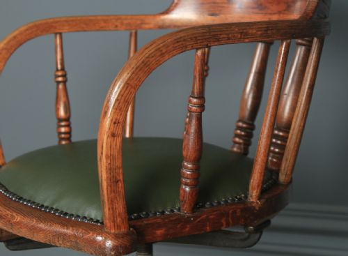 fig 7. Antique English Edwardian Solid Ash & Oak Green Leather Revolving Office Desk Arm Chair (Circa 1910)