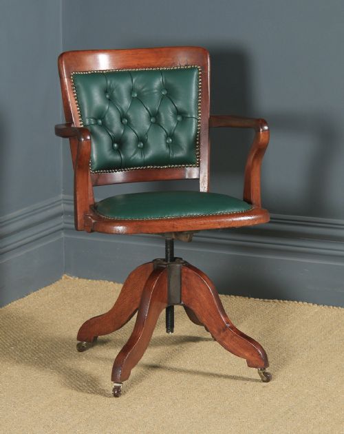 Antique English Victorian Mahogany & Oak Green Leather Revolving Office Desk Arm Chair (Circa 1890)