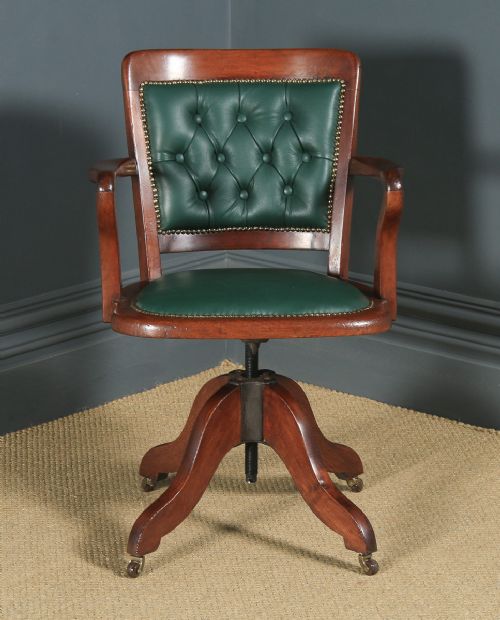 fig 1. Antique English Victorian Mahogany & Oak Green Leather Revolving Office Desk Arm Chair (Circa 1890)