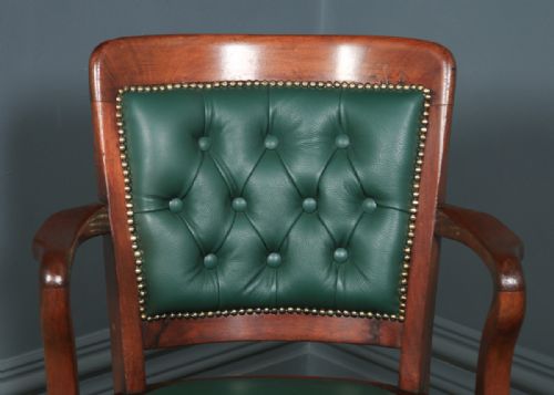 fig 3. Antique English Victorian Mahogany & Oak Green Leather Revolving Office Desk Arm Chair (Circa 1890)